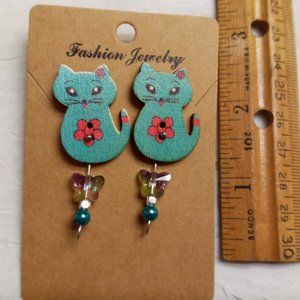 Home Made Handmade Wood & Metal Cat Turquoise & Pink Button Earrings #43